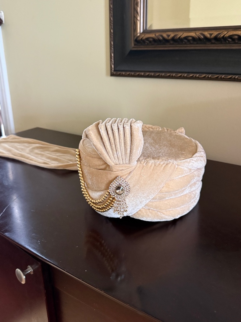 Velvet Beige Men's Ceremonial Turban / Ready Made Turban / Phetto WGold Accent
